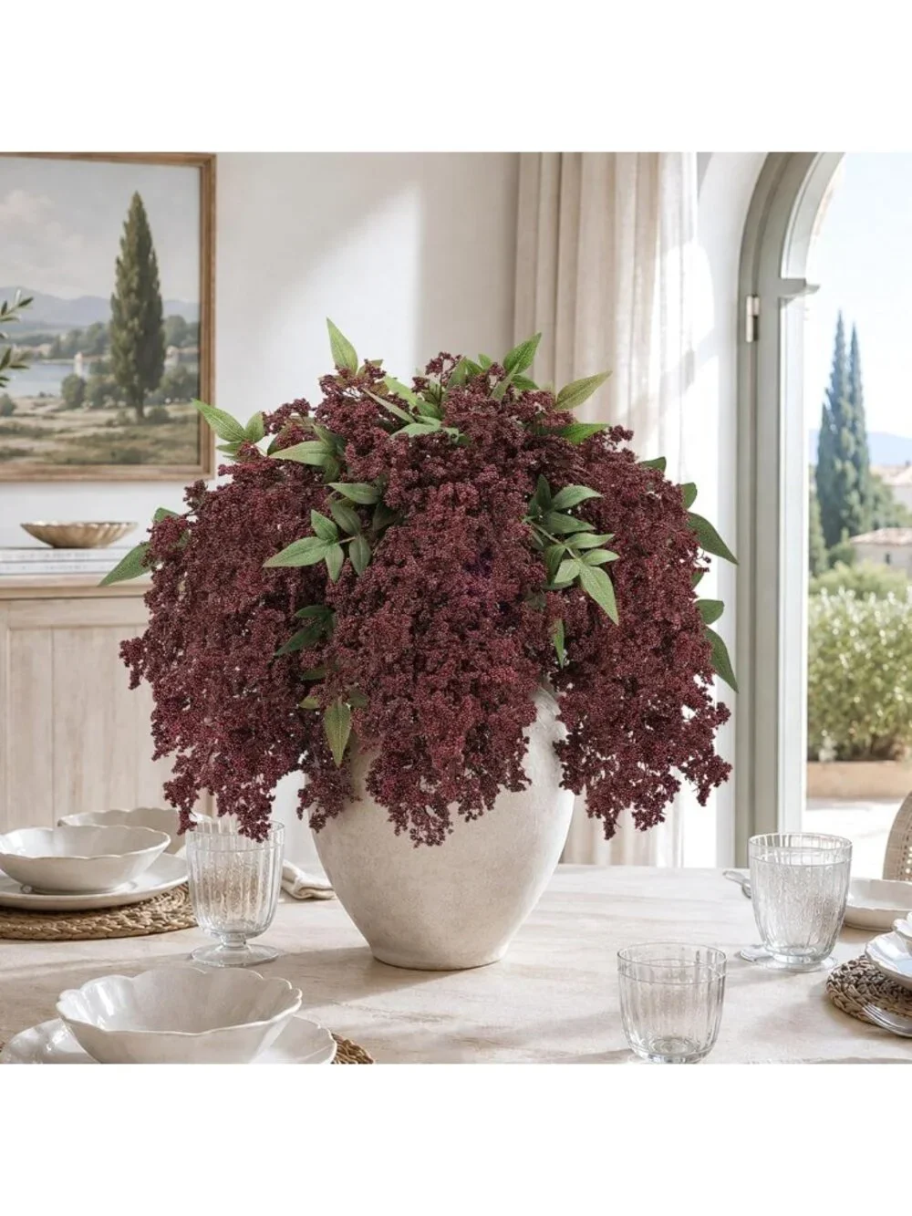 6 Pcs Burgundy Faux Nandina Berry Stems - 17'' Artificial Home Decor Branches